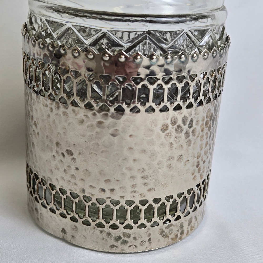 Glass Liquor Decanter, Decorative Silver Tone Hammered Metal Caddy 11" Vintage - Picture 10 of 16